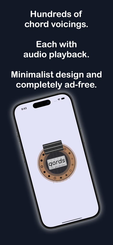 qords for guitarists - iPhone mostrando la pantalla de la aplicación qords para guitarristas con texto resaltando digitaciones de acordes, reproducción de audio y diseño minimalista sin anuncios.