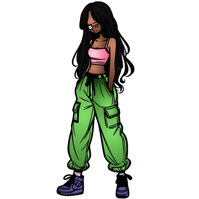 girl in baggy pants crop top and long hair