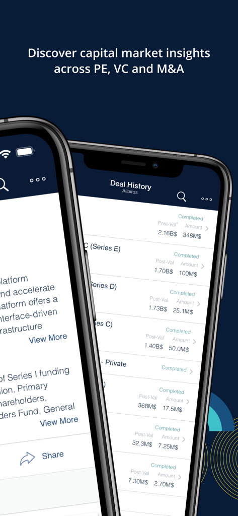 PitchBook Mobile app displaying deal history and capital market insights for PE VC and M&A