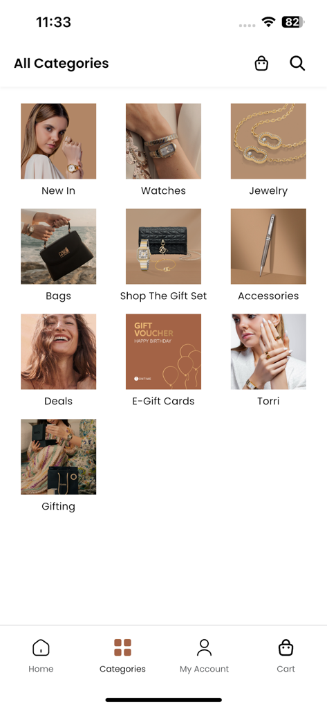 Ontime Online Shopping - Ontimeアプリの全カテゴリーページ。時計、ジュエリー、バッグ、ギフトのオプションが表示されています。