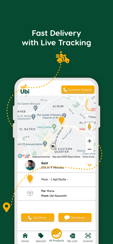 Ubi: Shop Different - Ubi app interface showing real-time grocery delivery tracking on a map with driver info and contact options