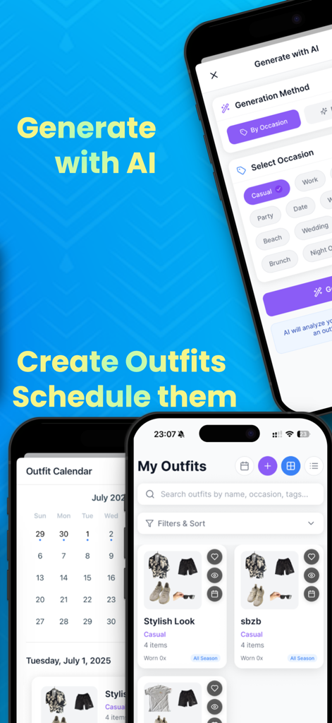 Interfaz de la aplicación para generar atuendos con IA y programarlos usando un calendario de atuendos