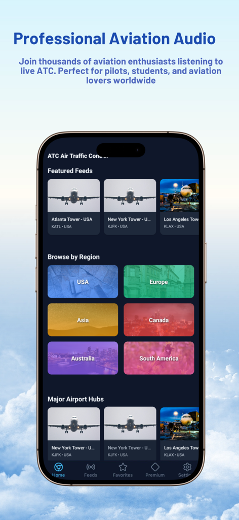 ATC Air Traffic Control - ATC Air Traffic Control app home screen with live aviation audio feeds
