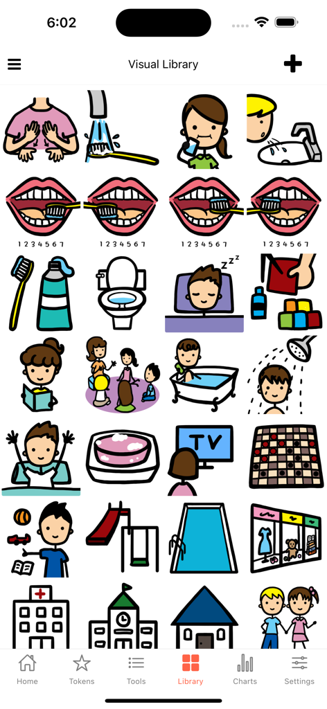 Visual Cue - A screen from the Visual Cue app displaying a visual library of colorful icons representing daily activities like hygiene routines, school, and play.