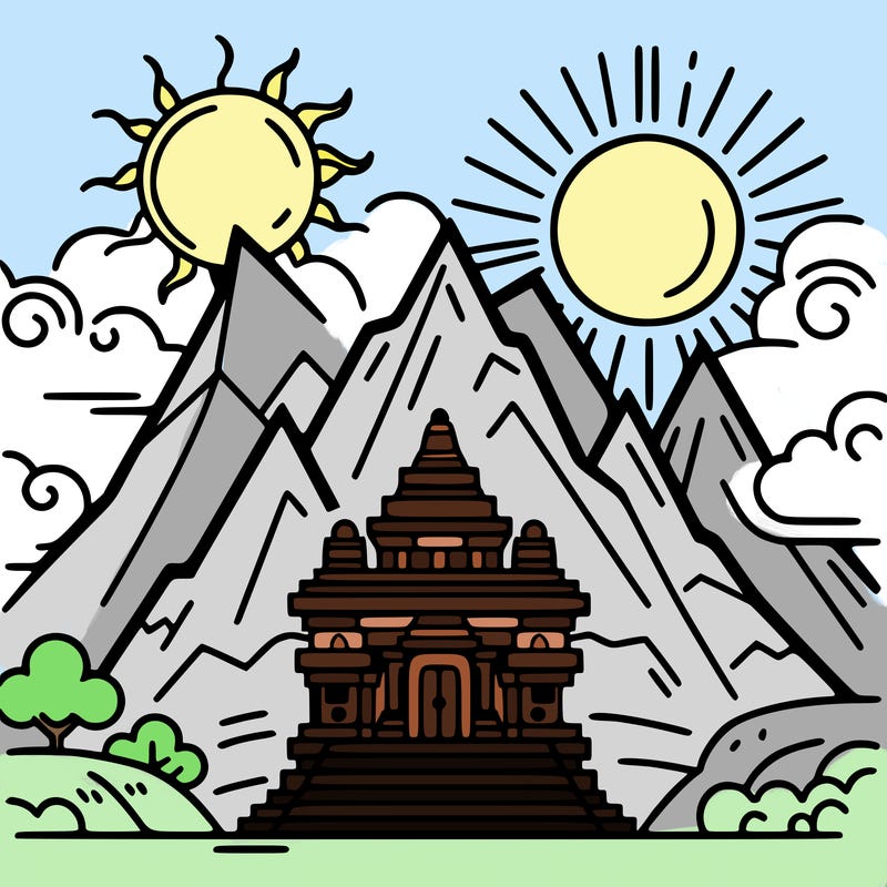mountain with temple and sun