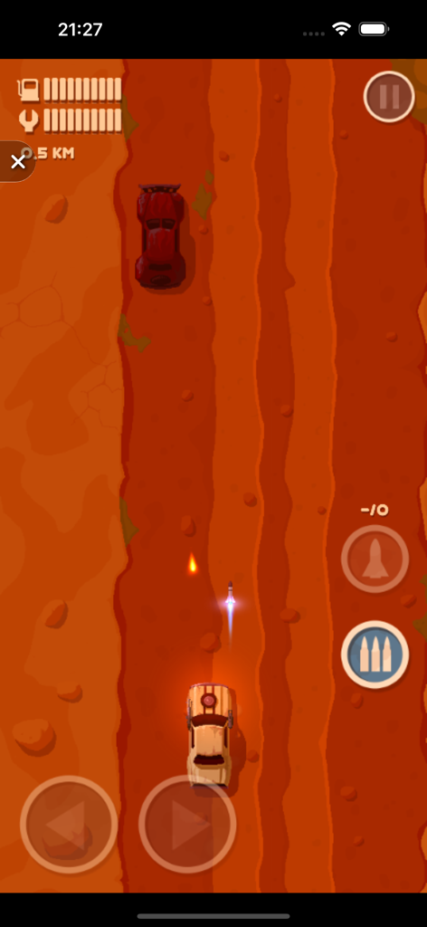 Vista superior de un juego de disparos de coches con un fondo desértico y controles en pantalla