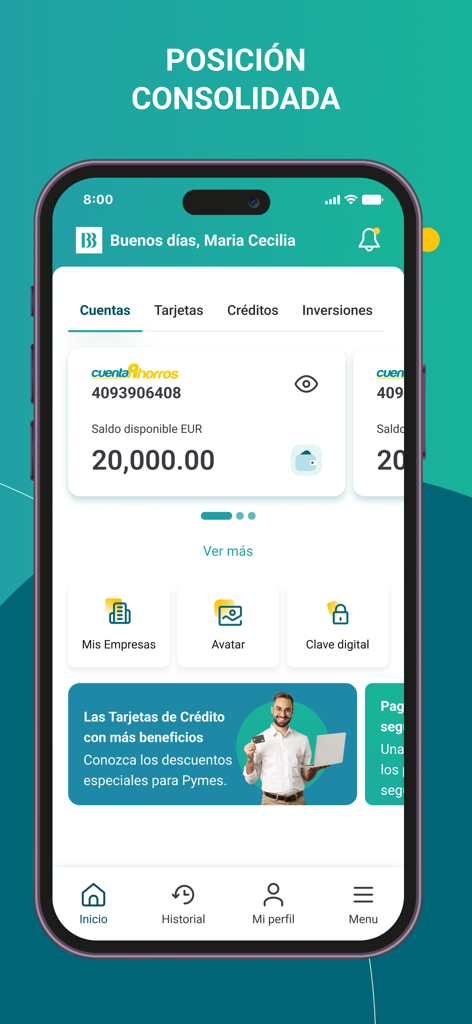 Bolivariano Empresas - Bolivariano Empresas business banking app dashboard showing consolidated account balances and financial overview
