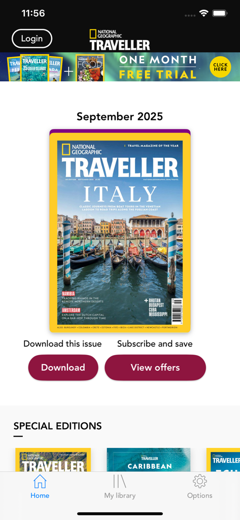 National Geographic Traveller - Startbildschirm der National Geographic Traveller App mit dem Cover der Italien-Ausgabe September 2025