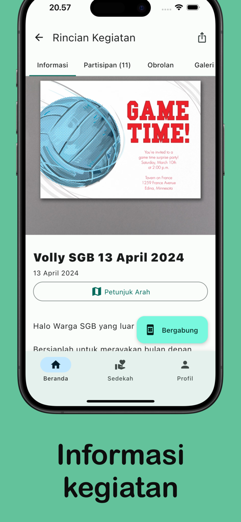 SGB App - SGB App interface displaying details for a community volleyball event including date and location information