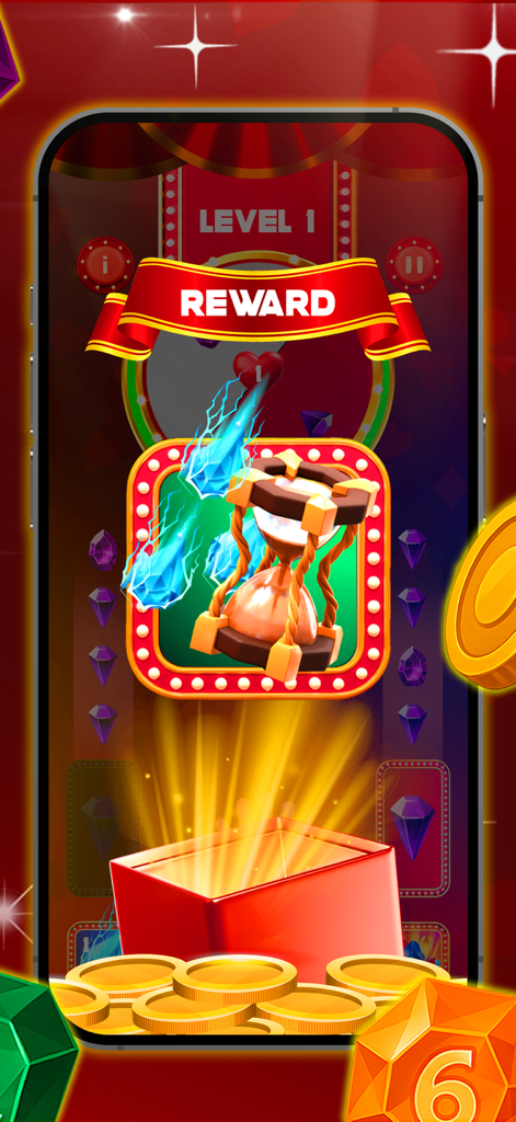 Holiday Mania - Reward screen in Holiday Mania arcade game showing an hourglass and gold coins