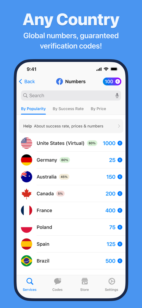 vCode: OTP & SMS Phone Number - vCode app interface showing global virtual phone numbers for SMS verification