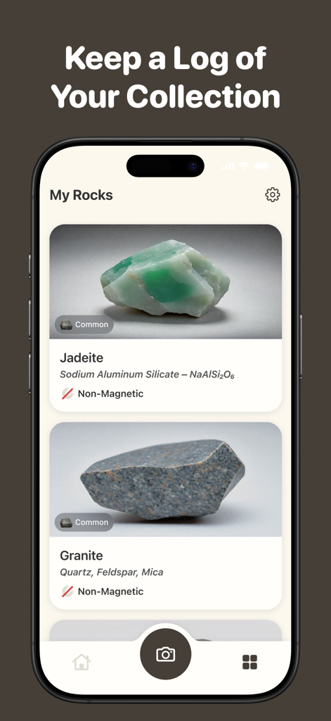 Stone Identifier by RockPic - Pantalla de la aplicación móvil que muestra una colección guardada de rocas, incluyendo Jadeita y Granito con sus propiedades.