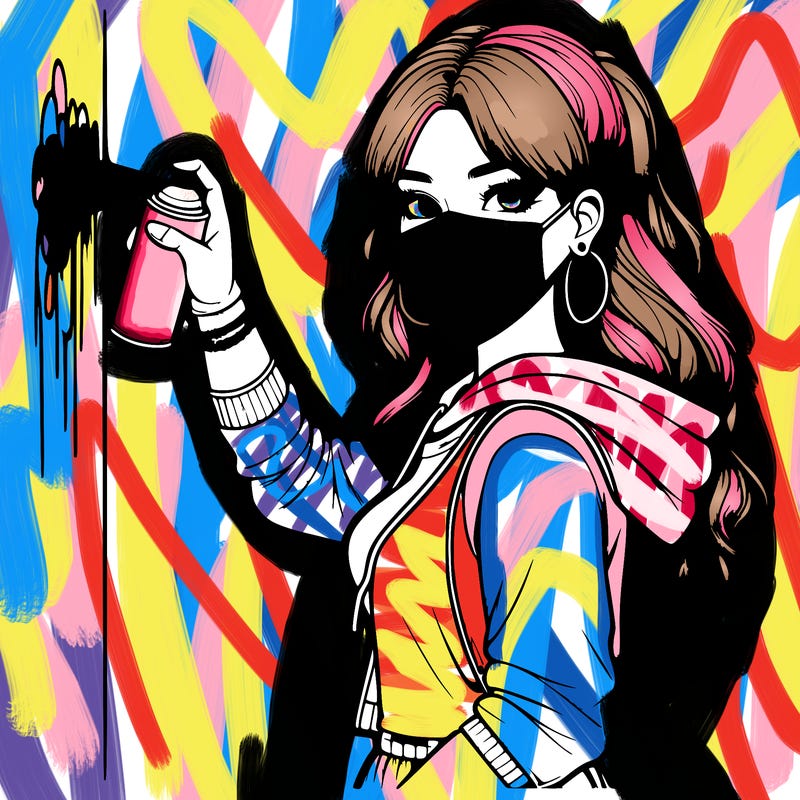 realistic girl with mask spray painting a wall