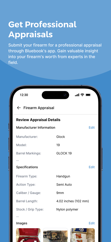 Blue Book of Gun Values app screen showing firearm appraisal details