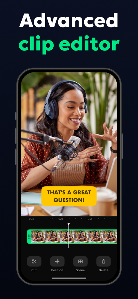 The advanced clip editor interface showing a podcast video with text captions on a mobile device