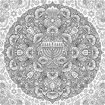 Unleash your creativity with this exquisite coloring page combining the beauty of poppy mandalas with the joyous spirit of Hanukkah. Featuring intricate designs of menorahs, dreidels, and blooming poppies, it's perfect for a relaxing and meaningful coloring experience.