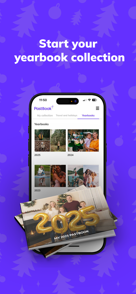 PastBook: 1-Click Photo Book - PastBook app interface showing a collection of yearly family photo books and a physical printed yearbook.