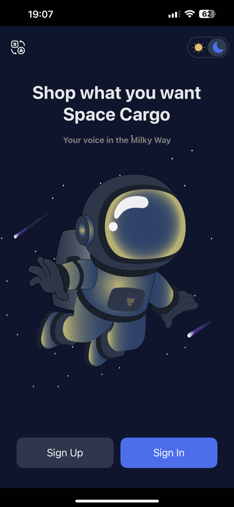 SpaceCargo App - The onboarding screen of SpaceCargo app with an astronaut illustration and sign up buttons