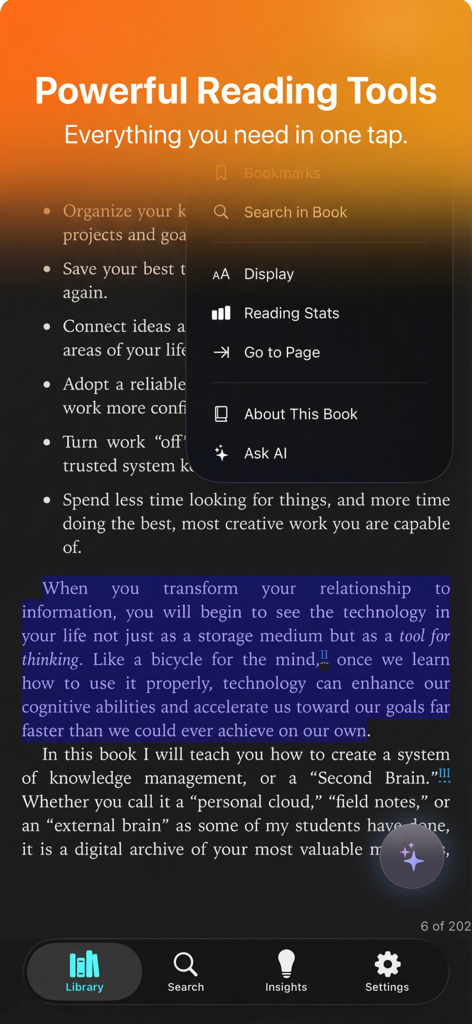 Cognito: AI Reading Companion - Cognito App-Oberfläche, die ein Menü mit Lesewerkzeugen wie 'KI fragen' und 'Lesestatistiken' über hervorgehobenem E-Book-Text anzeigt