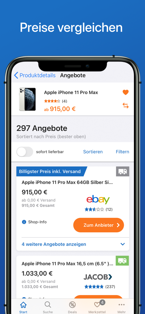 Smartphone app screen showing a price comparison for an iPhone 11 Pro Max with different merchant offers