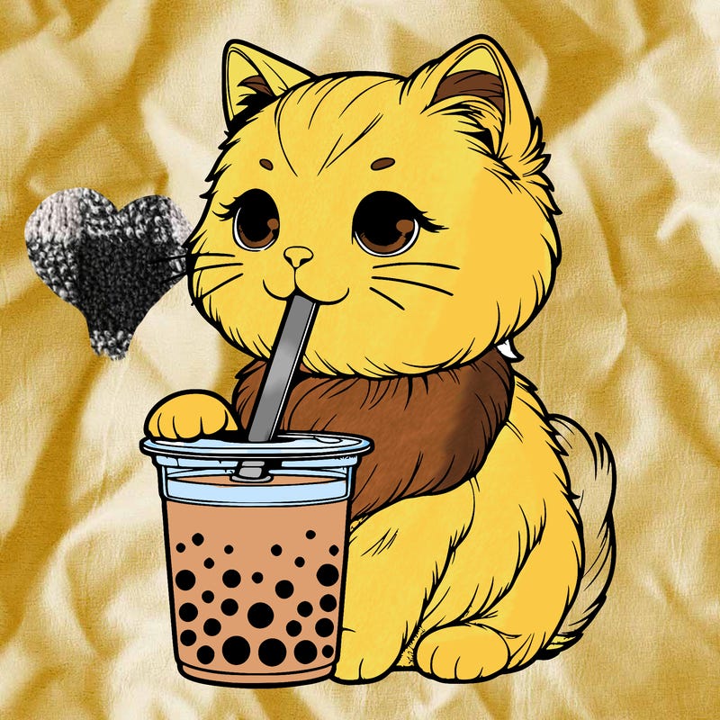 a realistic cat drinks a realistic boba tea