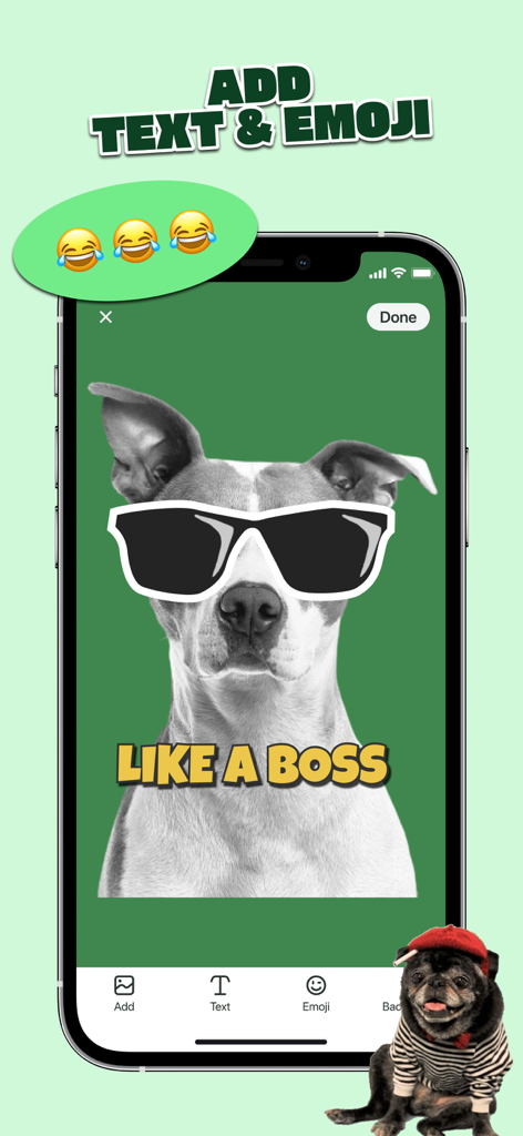 Sticker Maker app interface showing a dog sticker with sunglasses and the text Like A Boss