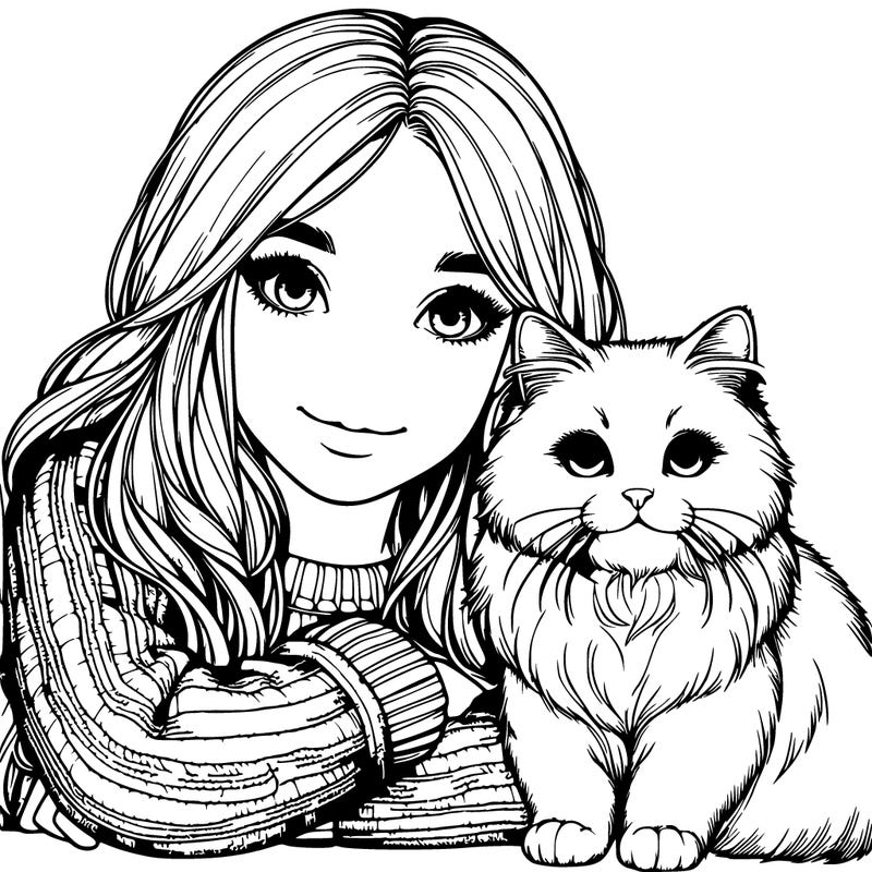 realistic girl with a beautiful realistic cat