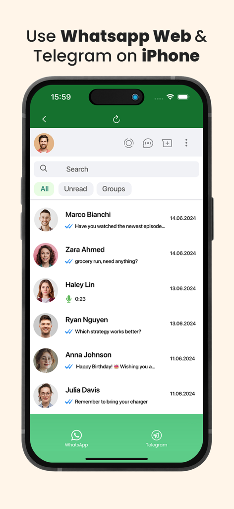 MultiChat Business Messenger - MultiChat Business Messenger App-Oberfläche mit einheitlichen WhatsApp- und Telegram-Chats auf einem iPhone