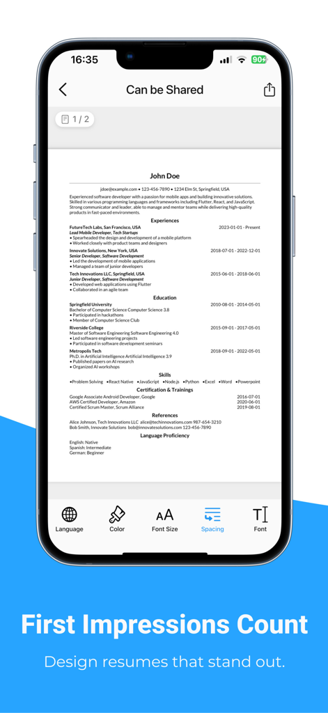 Uma tela de aplicativo móvel mostrando uma prévia de currículo profissional com ferramentas de edição para fontes, cores e layout