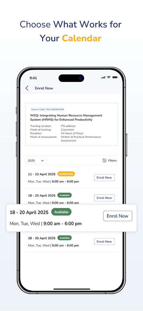 Interface of the Infotech Academy app showing various available dates for a WSQ-certified HR course with an Enrol Now button