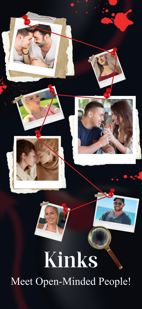 Kinks: Meet Couples & Singles - Fotos tipo Polaroid de diversas parejas y solteros colgadas en un tablero con el texto Kinks Conoce Gente de Mente Abierta