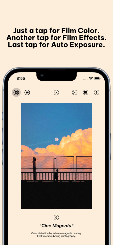 Negative - Film Look Filter. - スマートフォンの画面にNegativeアプリのインターフェースが表示され、夕焼け写真にCine Magentaフィルムフィルターが適用されています。