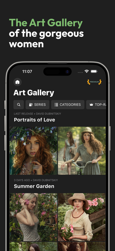 L'écran de la galerie d'art de l'application NYMF présentant des collections de photographie organisées comme Portraits d'amour et Jardin d'été