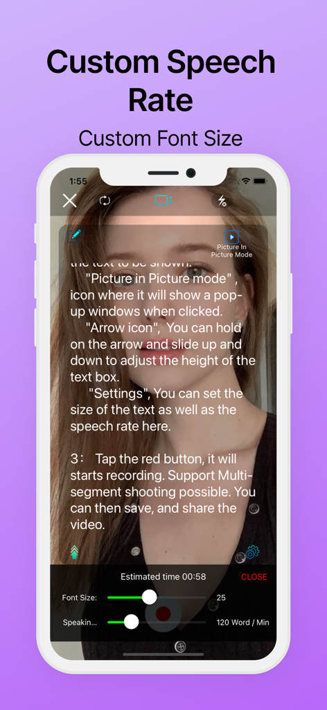 Teleprompter™ - Interface of the Teleprompter app showing sliders for custom font size and speaking rate during video recording