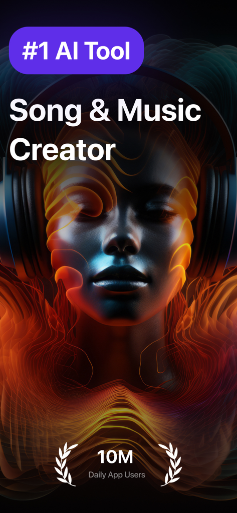 Startbildschirm der KI-Song-Maker-App mit künstlerischen Gesichtsgrafiken und dem Text 'Music Creator'.