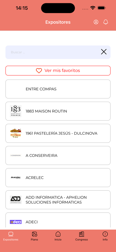 EXPOHIP - EXPOHIPアプリの出展者リスト。ホスピタリティブランドと検索バーが表示されます。