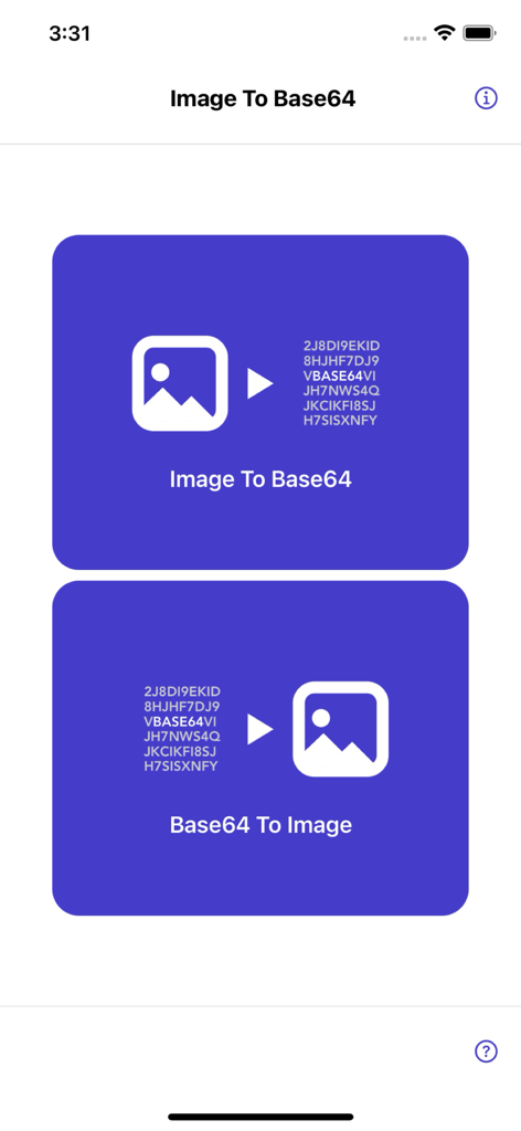 Image to Base64 Plus - Main screen of Image to Base64 Plus app with options to convert images to strings and strings back to images.