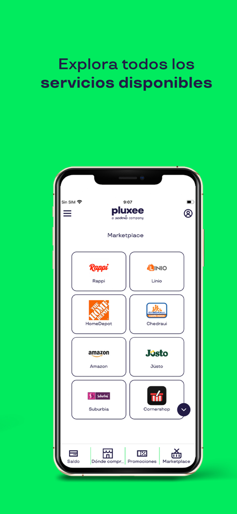 Schermata del marketplace dell'app Pluxee che mostra negozi e servizi affiliati come Amazon Rappi e Home Depot