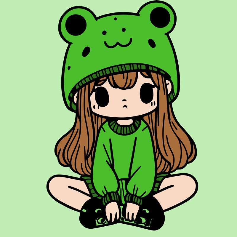 a girl wearing a frog hat and some frog socks