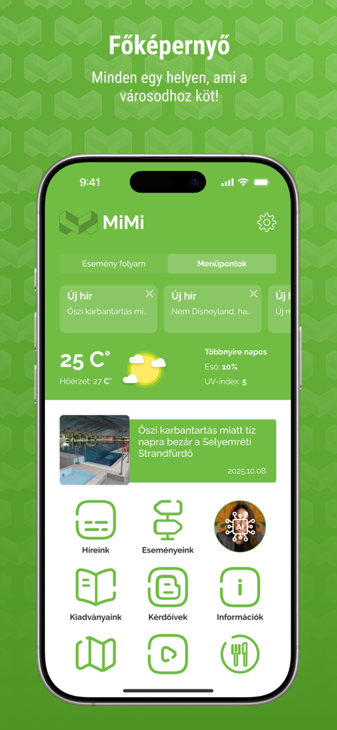 MiMi - The main screen of the MiMi Miskolc mobile app showing city news, weather updates, and service icons.
