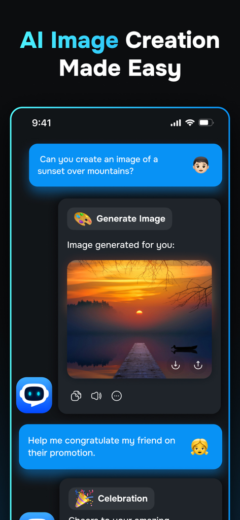 ChatPro - AI Chatbot Assistant - ChatPro app interface showing an AI generated image of a sunset over mountains from a user text prompt