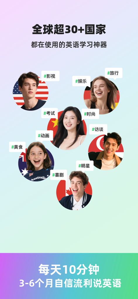 LingoQ - 灵格AI英语 - Eine vielfältige Gruppe internationaler Nutzer aus verschiedenen Ländern, die LingoQ nutzen, um Englisch anhand verschiedener Themen wie Filme und Reisen zu lernen