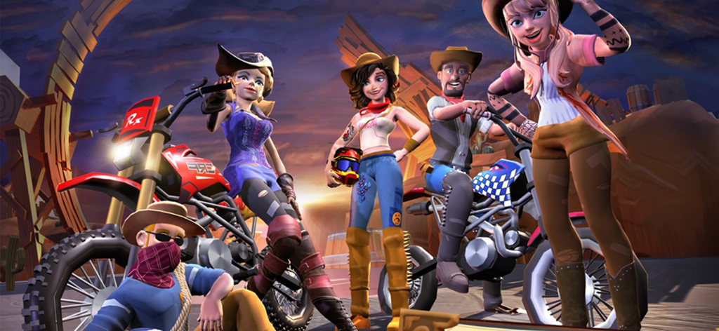 Mountain Bike Xtreme Racing - Grupo de personajes estilizados de carreras de motos con atuendos del oeste parados con sus motocicletas en un atardecer desértico.