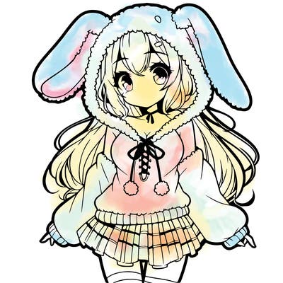 pretty anime girl wearing a fluffy hoodie with bunny ears on the hood and a skirt