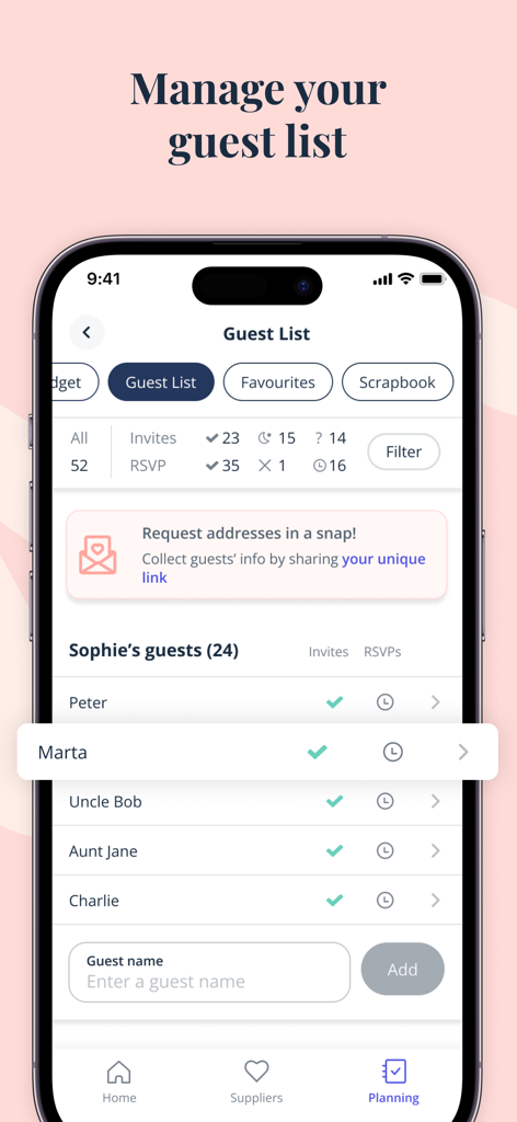 Bridebook - #1 Wedding Planner - Interface do aplicativo Bridebook mostrando a ferramenta de gerenciamento de lista de convidados com rastreamento de RSVP e status de convite