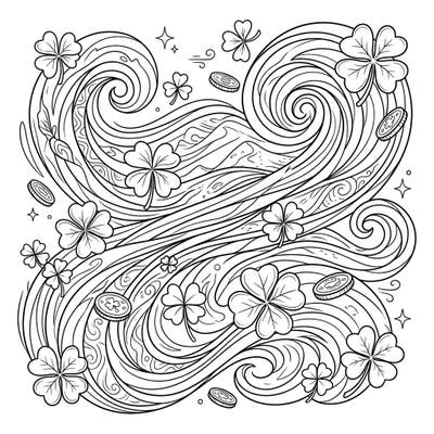 Experience a fusion of cultures with our Sirocco St. Patrick's Day coloring page, where desert winds meet Irish charm. This intricate design features dynamic swirls carrying lucky shamrocks and shimmering gold coins, offering a unique artistic challenge.