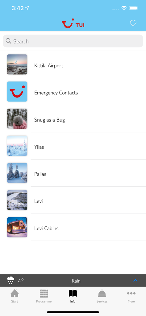 Interfaz de la aplicación TUI Santa Trips que muestra categorías de información de viaje, incluyendo el Aeropuerto de Kittila, contactos de emergencia y destinos locales como Yllas y Levi.