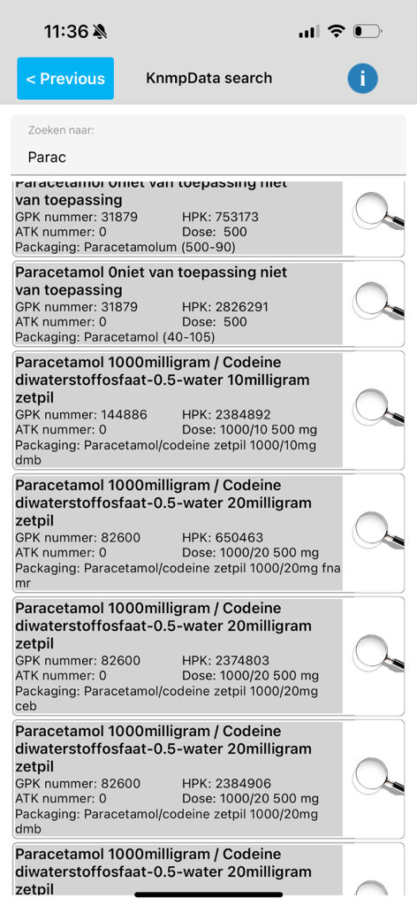 Rx whizz - Mobile screen showing a list of medication search results for Paracetamol with dosage and packaging details