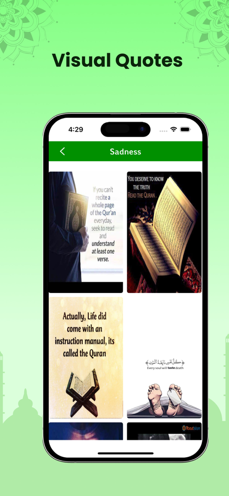A mobile screen showing the visual quotes section of the Uzbek Quran app with several inspirational religious images.