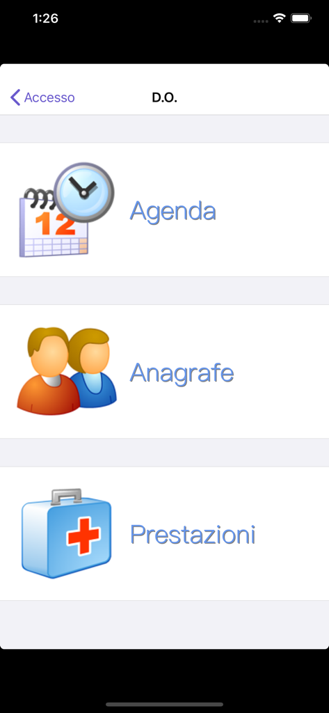 Doctor's Office 2021 - Hauptmenü der Doctor's Office 2021 App mit Symbolen für Agenda, Patientenverzeichnis und medizinische Dienste.